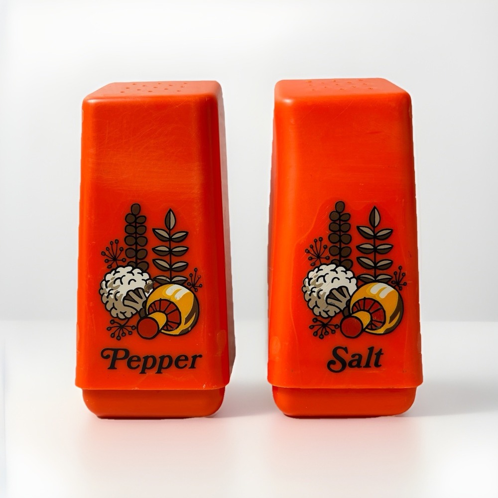 Vintage Salt Pepper Shakers Orange Mushroom Mid Century Modern Set